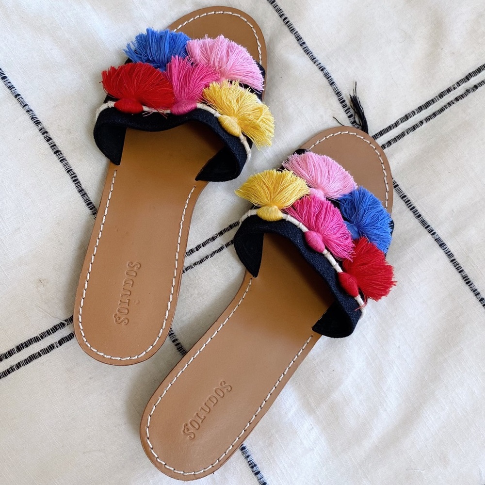 Soludos Black Slide Mules with Multicolor Tassels (Red, Pink, Blue, Yellow)